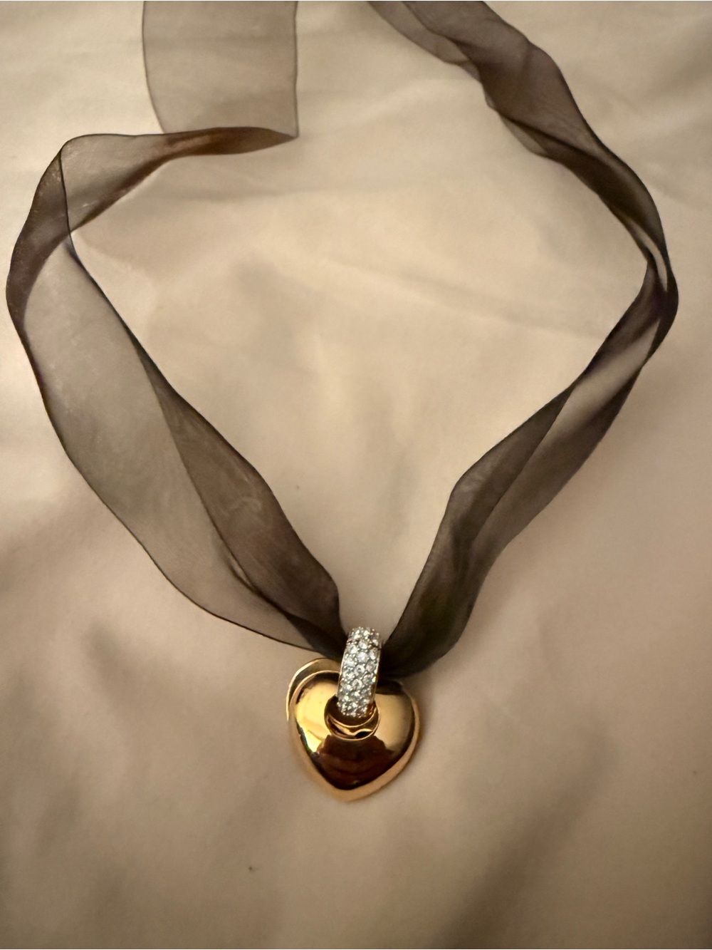 Swarovski Gold Heart Pendant Necklace with Black Ribbon with box